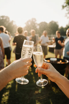 Hand holding glass of champagne, people cheering, friends, party nightclub, wedding, cheering, family, sparkling wine, luxury, 4K, social media, 9:16, insta story