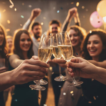 Hand holding glass of champagne, people cheering, friends, party nightclub, wedding, cheering, family, sparkling wine, luxury, 4K, social media, 9:16, insta story