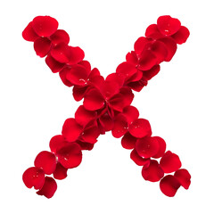 Romantic red rose petal letter X, ideal for Valentine's Day, wedding invitations, anniversary designs, or personalized love declarations. Isolated on white & transparent background,