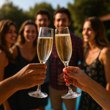 Hand holding glass of champagne, people cheering, friends, party nightclub, wedding, cheering, family, sparkling wine, luxury, social media, insta story, 9:16, 4K
