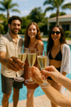 Hand holding glass of champagne, people cheering, friends, party nightclub, wedding, cheering, family, sparkling wine, luxury, social media, insta story, 9:16, 4K