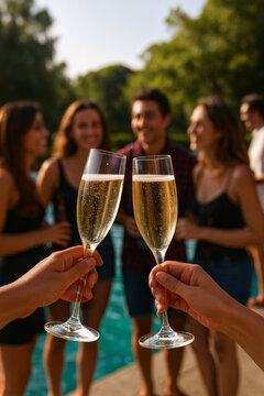 Hand holding glass of champagne, people cheering, friends, party nightclub, wedding, cheering, family, sparkling wine, luxury, social media, insta story, 9:16, 4K