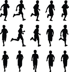 Set of 15 black silhouette kids running, active children exercise, jogging boys, healthy lifestyle, outdoor fitness, playful youth vector illustration