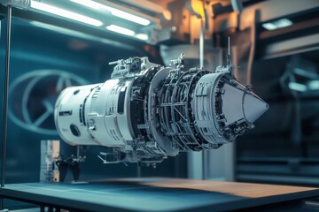Detailed model of a futuristic rocket engine displayed in a high-tech lab environment