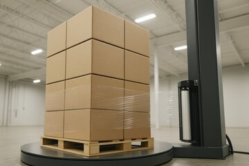 Cardboard boxes stacked on a wooden pallet being wrapped with stretch film by machine, in a warehouse with industrial lighting and concrete floor