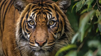 Fototapeta premium Majestic tiger in its natural habitat showcasing powerful presence with striking stripes intense eyes and fierce expression in a lush jungle environment