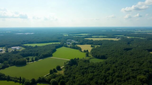Drone view of a landscape with green forests and fields on a beautiful sunny day