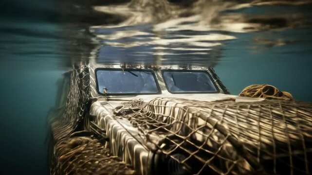 Camouflaged amphibious vehicle underwater with netting and algae, submerged in murky water.