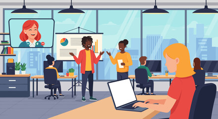 Diverse team collaborating in a modern open-plan office, featuring a presentation, colleagues working, and a remote video call. Illustrates teamwork, communication, and hybrid work environments.