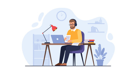 Focused man in headphones working on laptop at his home office desk. Ideal for remote work, online learning, or freelance business concepts.