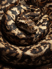 Fototapeta premium Royal python coiled in spiral, close up showing detailed scales and natural brown, black, and cream pattern, calm and relaxed expression, reptile texture