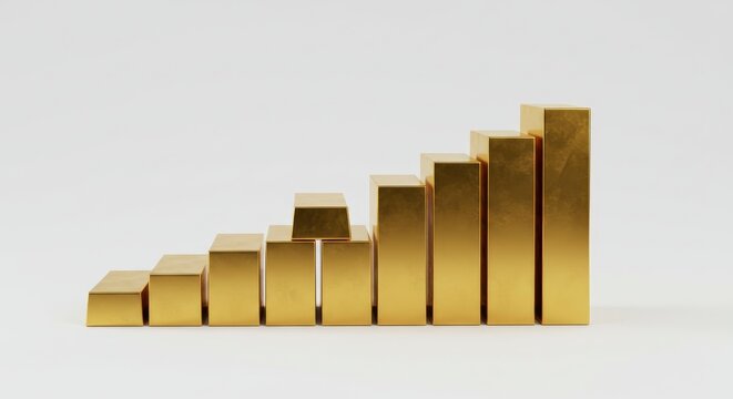 Golden bar graph rising across white background