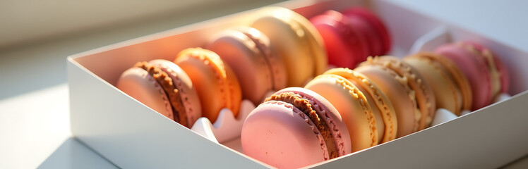 delicate selection assorted macarons éclairs artfully arranged within pristine white box illuminated soft diffused natural light