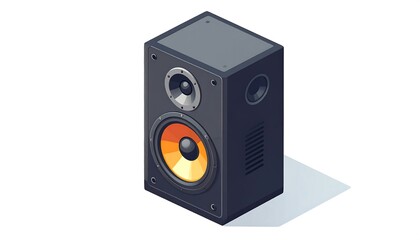 A black,  isometric illustration of a loudspeaker with a vibrant orange cone.