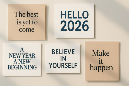 Hello 2026 resolution ideas inspire hope and new goals with minimalist motivational posters on neutral wall creating uplifting mood for fresh start
