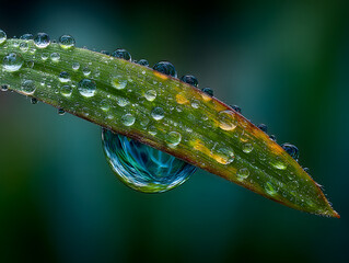 Macro close-up of a dew drop on a single blade of grass in early morning light