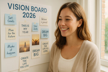 Vision board 2026 goals vision motivation planning resolution inspiration ideas 2026 resolution ideas woman smiling planning board dream big