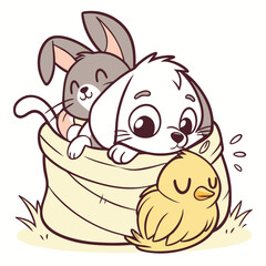 Cute Dog, Rabbit & Chick in Basket | Adorable Animal Friends Illustration