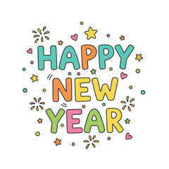 Cute Happy New Year doodle lettering. Hand-drawn cartoon typography illustration.