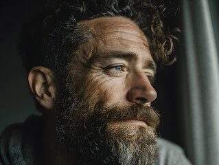Profile close-up of a mature man with neatly trimmed beard in soft natural light indoors