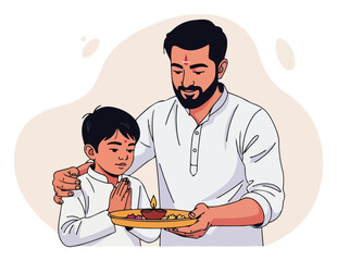 Father and son performing aarti ceremony vector illustration