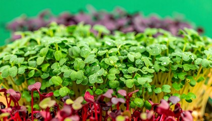 Vibrant, densely packed sprouts in green and red hues, glistening with moisture