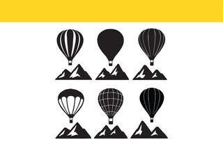 Black and White Hot Air Balloons Over Mountain Tops Vector Illustration Collection Artistic Design for Adventure and Travel Concepts