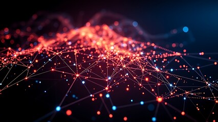 Futuristic network of glowing blue particles forming abstract data visualization on dark background.