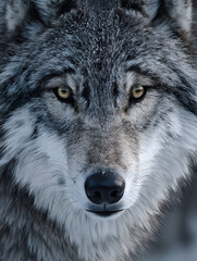 Obraz premium Close up of wolf with thick winter coat intense gaze snow on fur wild animal grey and white fur natural habitat cold environment majestic expression