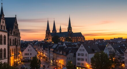 Fototapeta premium Beautiful sunset over a European city with a cathedral.
