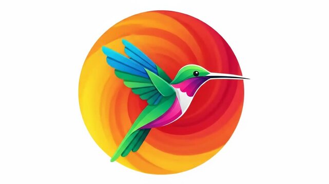 A stylized hummingbird graphic with vibrant colors green, blue, pink, and white against a spiraling background of red, orange, and yellow