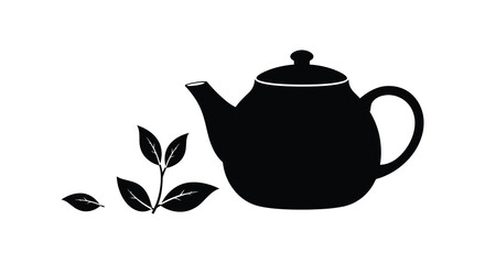a simple black silhouette of teapot with leaves nearby