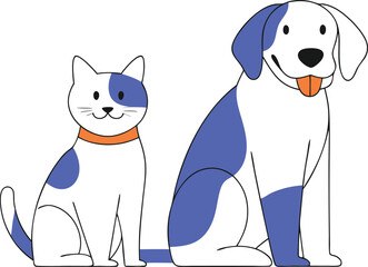 Cute cartoon cat and dog sitting together with blue and white patches