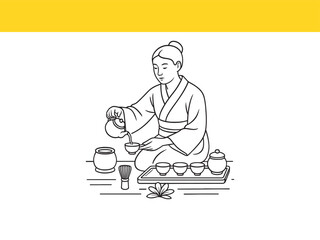 Elegant woman in kimono pouring tea in a traditional Japanese tea ceremony outline minimalist illustration peaceful culture ritual meditation practice