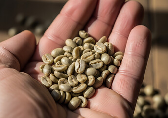 hand holding unroasted coffee beans