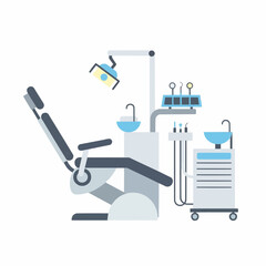 Dental Clinic Equipment Illustration: Dentist Chair, Tools, and Medical Supplies