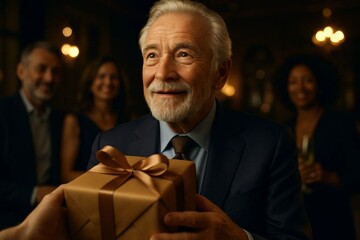 Smiling senior man in suit happily receiving a wrapped gift at celebration with family.