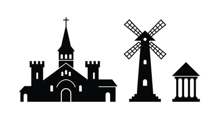 a quaint village scene with church windmill and ancient tower