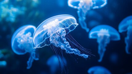 Jellyfish float in the blue depths of the ocean, with soft light filtering through the water