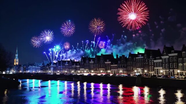 Fireworks illuminating the sky above the skyline of the Dutch city of Doesburg on New Year's Eve