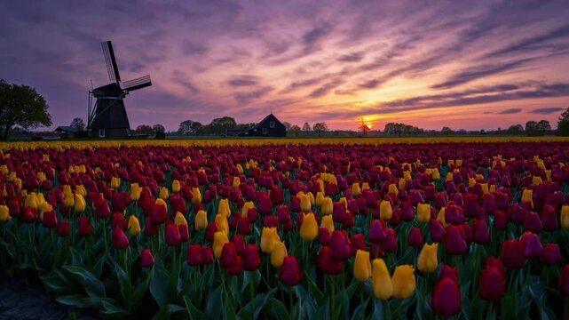 Astonishing Dusk Scene Amidst Vibrant Tulip Cultivation Fields in Rural Spring Landscape from Holland Blossoms