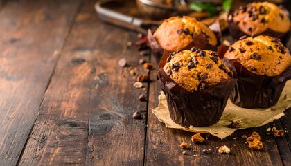 Delicious Chocolate Chip Muffins on a Rustic Wooden Table with Scattered Chocolate Chips.