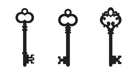 three antique keys displayed side by side