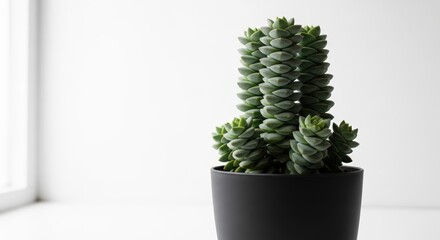 Green cactus plant in a black pot indoors with soft natural light and minimalist decor