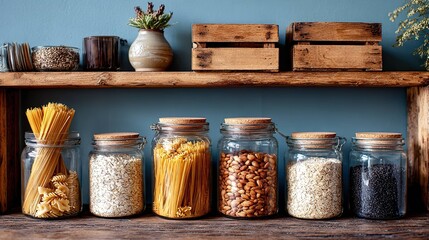 Wooden shelf with glass jars of food