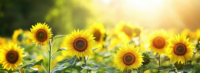 Obraz premium Sunflower field blooming under warm sunlight in vibrant summer landscape
