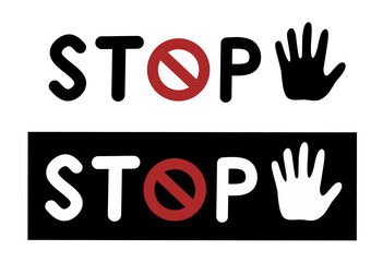 A prohibition stop sign symbol featuring two design variations in black and white with a raised hand illustration representing warning, restriction, danger, and safety communication
