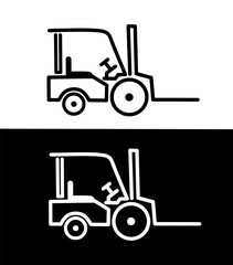 A minimal forklift outline icon in black and white style representing industry, warehouse equipment, cargo handling, construction, and heavy machinery transportation