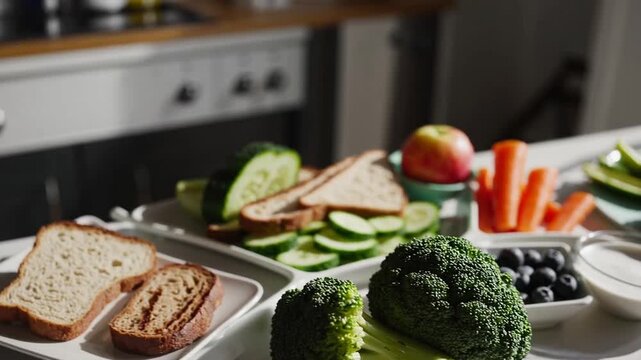 Food Categories Depicted as Nutritional Portions According to USDA Guidelines. My Plate Concept Superseding the Food Pyramid. Bread, Grilled Chicken Breast, Shrimp, Broccoli, Carrots, Cucumbers, Peac