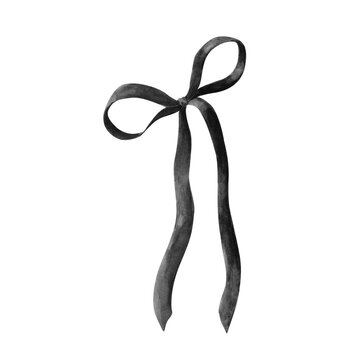 Halloween black velvet ribbon bow tie. Hand drawn gothic watercolor on white background for  invitations, stationery, printables, greeting cards